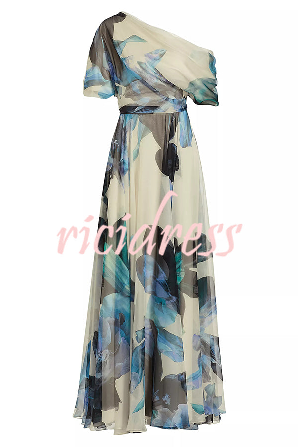 Unique Printed Bohemian Short-sleeved One-shoulder Maxi Dress