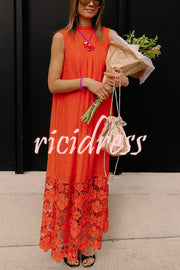 Breezy Comfort Tie-up Neck Sleeveless Floral Lace Hem Maxi Dress