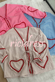 Lovely Plaid Heart Pattern Casual Lace-up Pocket Loose Shirt