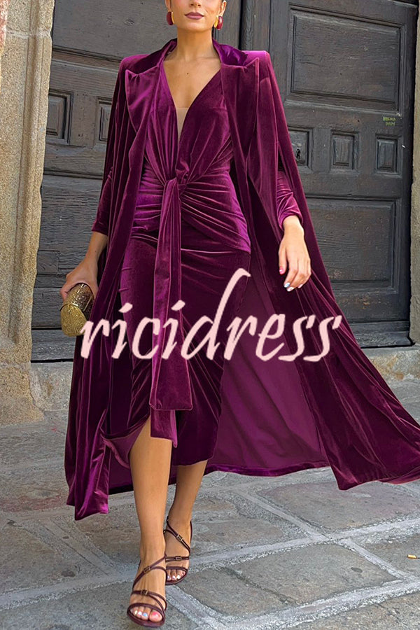 Elisabeth Luxurious Velvet Padded Shoulders Long Sleeve Twist Waist Drape Midi Dress