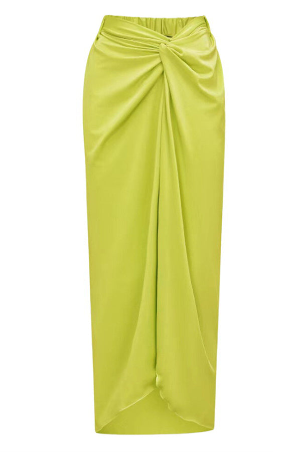 Solid Color Elastic Waist High Slit Loose Holiday Midi Skirt