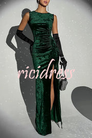 Solid Color Velvet Round Neck Sleeveless Slim Slit Maxi Dress