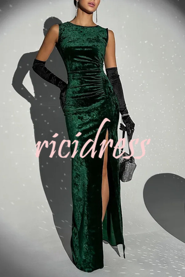 Solid Color Velvet Round Neck Sleeveless Slim Slit Maxi Dress