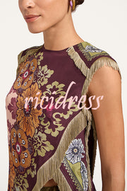 Stunning Floral Print Asymmetric Tassel Trim Scarf Top