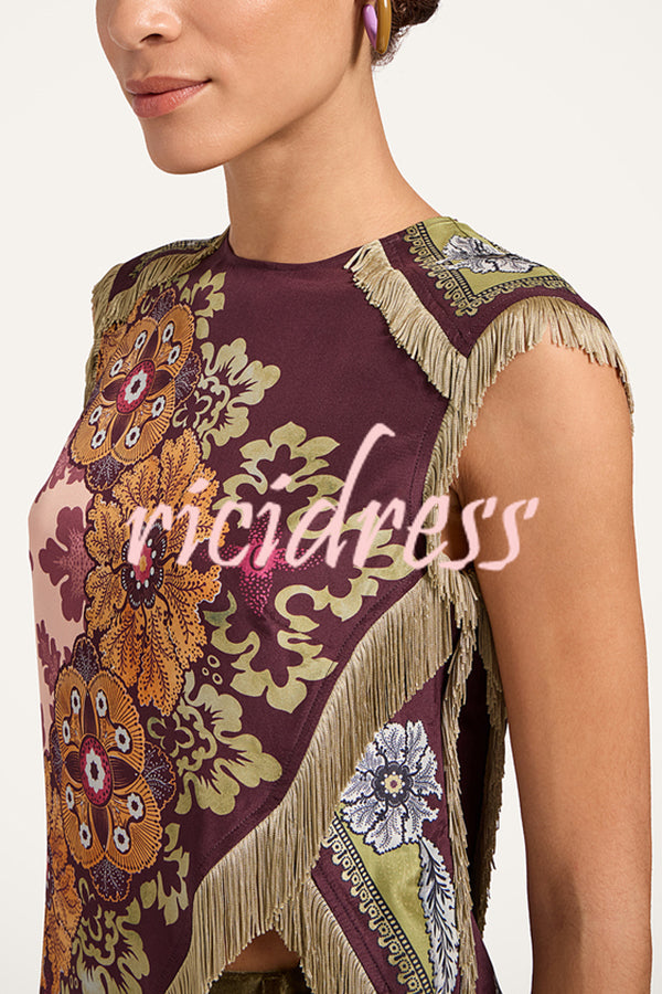 Stunning Floral Print Asymmetric Tassel Trim Scarf Top