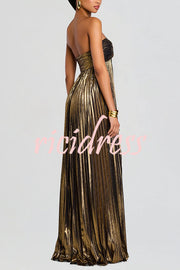 Metallic Sexy Tube Top Pleated High Slit Maxi Dress
