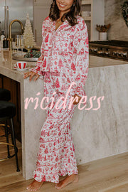 Christmas Night Satin Loose Shirt and Elastic Waist Pocketed Pajama Set