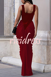 Fashionable Velvet Patchwork Square Neck Sleeveless Draped Maxi Dress
