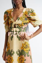 Flower Vine Linen Blend Unique Print Twist Cutout Neck Puff Sleeve Midi Dress