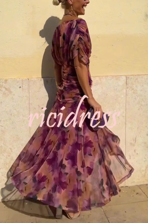 Unique Printed V-Neck Waisted Mesh Holiday Maxi Dress
