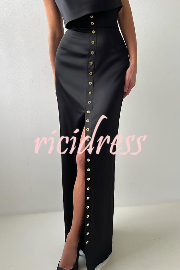 Solid Color Casual Sleeveless Crop Top and Elegant Button-down Maxi Skirt Set
