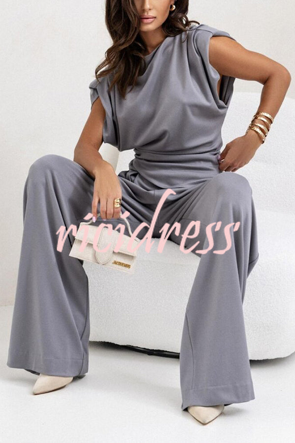 Jordy Ruched Shoulder Slit Top and Elastic Waist Pocketed Wide Leg Pants Set