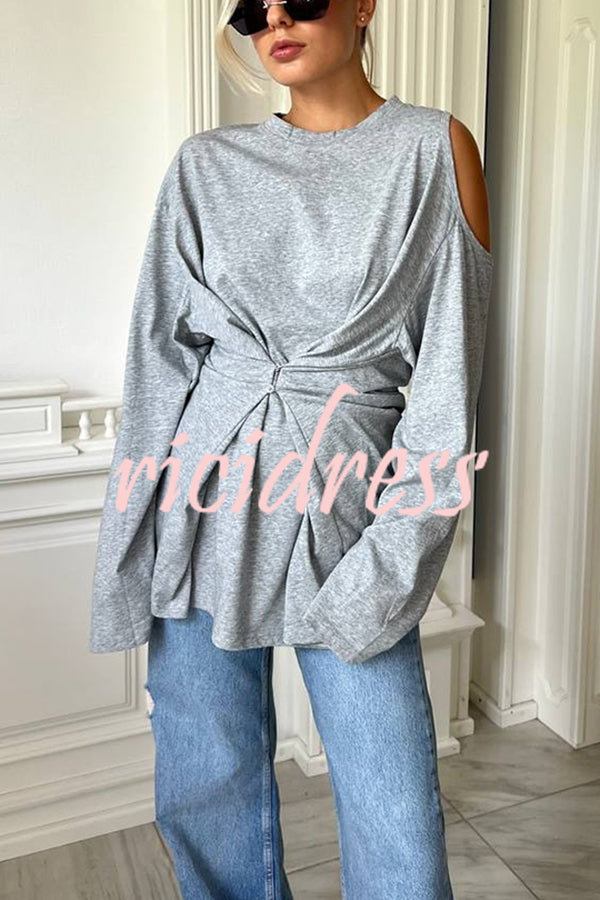 Various Ways Cutout Shoulder Long Sleeve Side Button Relaxed T-shirts