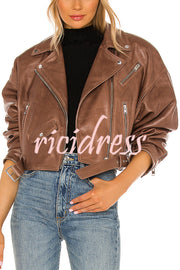 Fashion Lapel Long Sleeve Casual Zipper Pocket Leather Jacket
