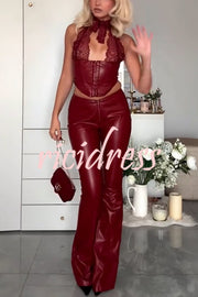 Style Challenge Stretch Faux Leather Lace Halter Tank and Zipper Waist Flare Pants Set
