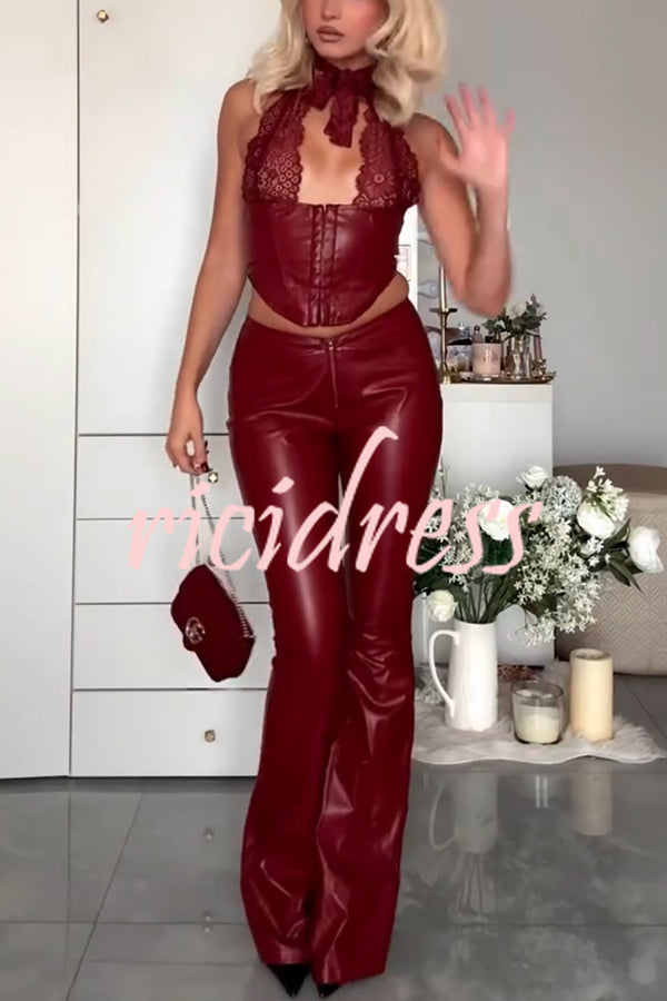 Style Challenge Stretch Faux Leather Lace Halter Tank and Zipper Waist Flare Pants Set