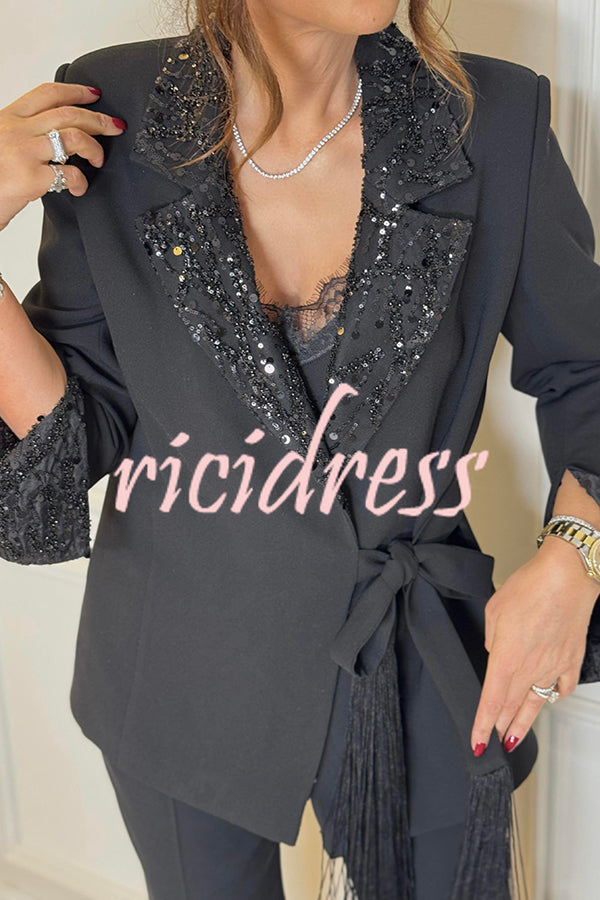Social Time Embroidered Sequin Patchwork Tassel Belt Detail Lapel Party Blazer
