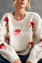 Christmas Bow Round Neck Loose Long Sleeve Knitted Sweater