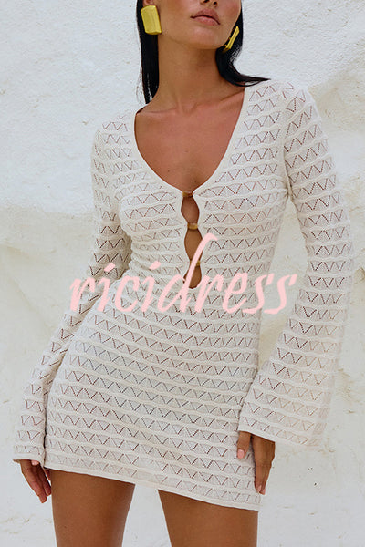 Solid Long Sleeve V Neck Beach Cover Up Mini Dress