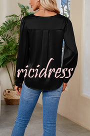 Satin Pleated V-neck Long-sleeved Loose Shirt