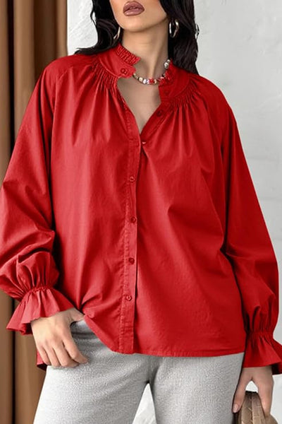 Solid Color V-neck Ruffled Lantern Sleeve Loose Casual Shirt
