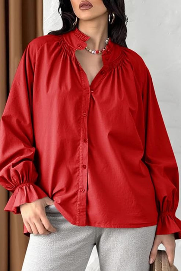 Solid Color V-neck Ruffled Lantern Sleeve Loose Casual Shirt
