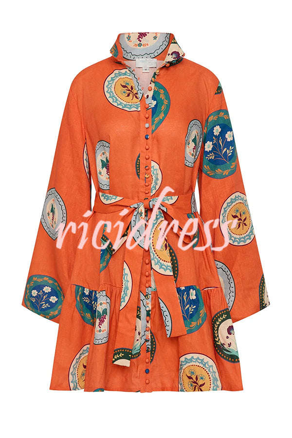 Linen Blend Unique Print Tie Waist Loose Mini Dress