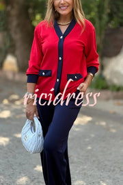 Stylish Color-blocked V-neck Knitted Button-down Cardigan and Elastic Waist Casual Wide-leg Pants Set