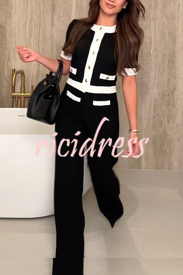 Fashion Contrast Color Stretch High Waist Casual Straight Pants