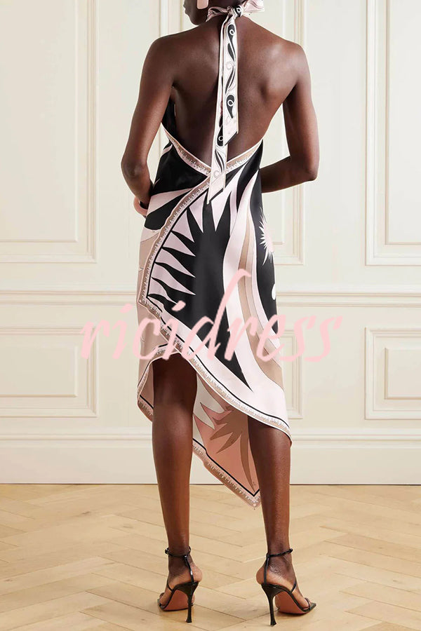 Satin Unique Print Halter Neck Backless Irregular Vacation Midi Dress