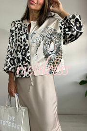 Shiloh Leopard Unique Print Zipper Drawstring Hem Bomber Jacket