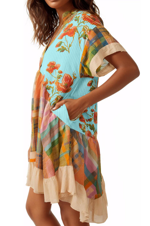 Bohemian Printed Casual Short Sleeve Ruffled Mini Dress