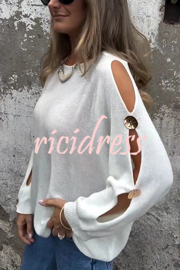 Solid Color Round Neck Hollow Long Sleeve Loose Knitted Sweater