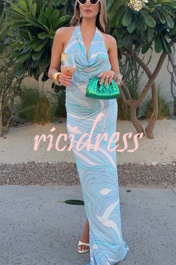 Caralyn Unique Print Halter Cowl Neck Slit Stretch Maxi Dress