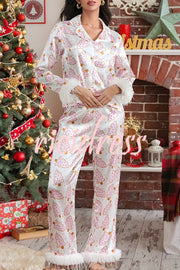 Christmas Print Feather Trim Elastic Waist Pocket Pajama Set