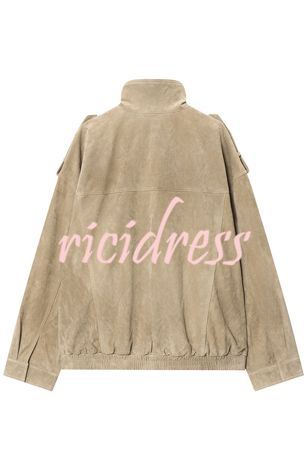 Fashionable Suede Loose Pocket Leather Jacket