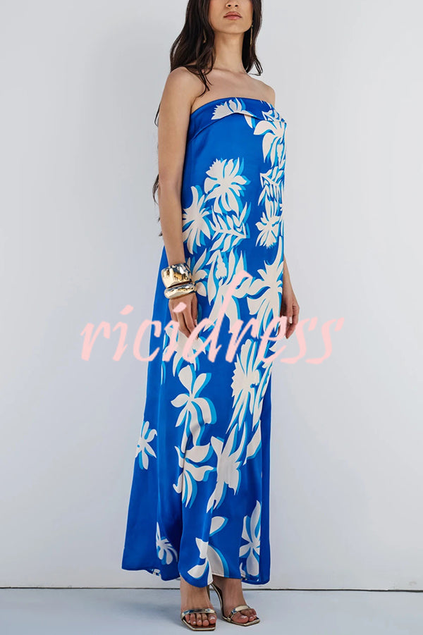 Fashion Vacation Satin Unique Print Off Shoulder Maxi Dress