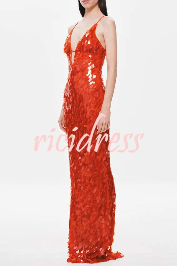 Reshape Beauty Fish Scale Sequin Cutout U-neck Slip Maxi Dress