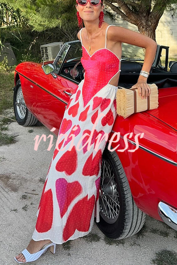 Full of Love Heart Shape Print Cutout Spaghetti Strap Backless Maxi Dress