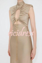 Genis Hollow Elastic Bust High Neck Sleeveless Gathered Maxi Dress