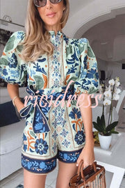 Elouise Linen Blend Unique Print Button Puff Sleeves Tie-up Pocketed Romper