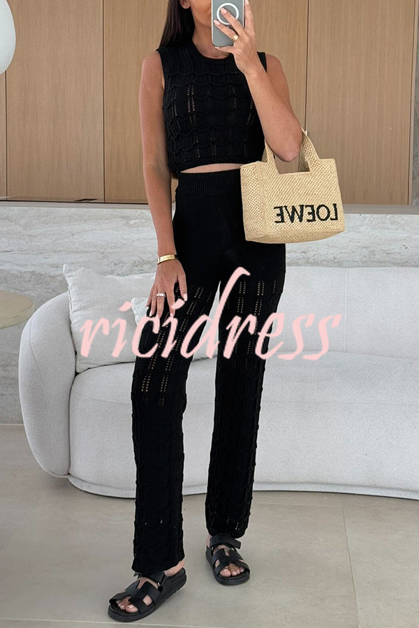 Solid Color Hollow Sleeveless Round Neck Knitted Vest and Stretch Casual Straight Pants Set