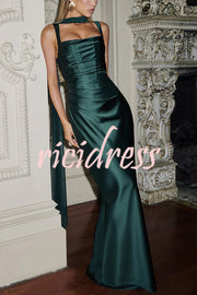 Calanthe Satin Square Neck Ruched Back Lace-up Drape Mesh Scarf Maxi Dress