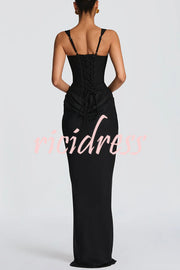 Larrah Square Neck Back Lace-up Satin Drape Hem Maxi Dress