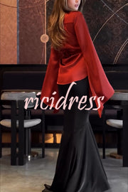Jenny Satin High Rise Elastic Waist Flare Maxi Skirt