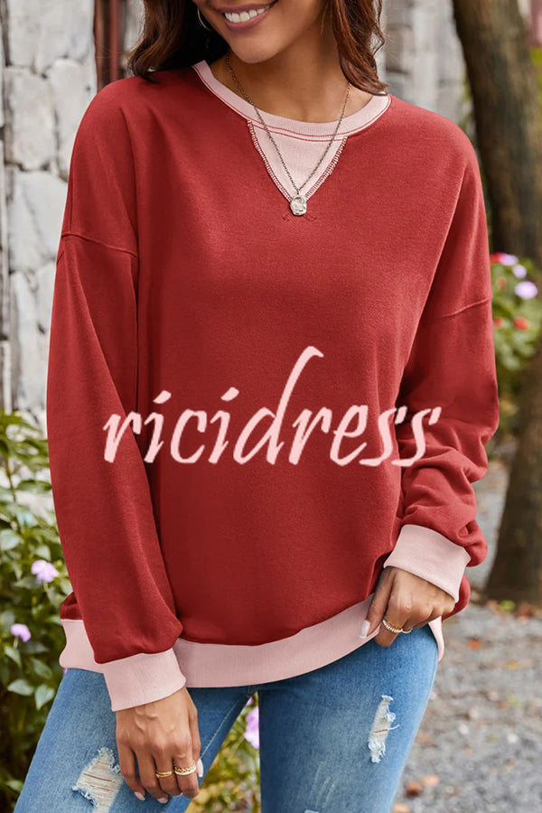 Fashionable Contrasting Color Loose Long-sleeved Casual Sweatshirt