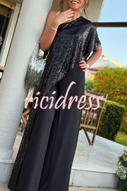 Party Favors Sequin One Shoulder Ruffle Detail Wide Leg Evening Jumpsuit