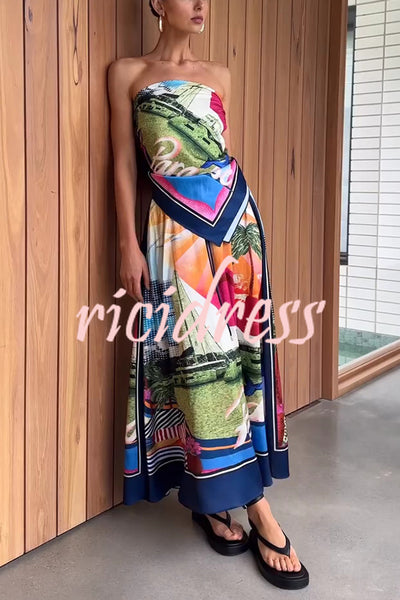 Seaside Holiday Satin Unique Print Knotted Scarf Top and Elastic Waist Loose Maxi Skirt Set