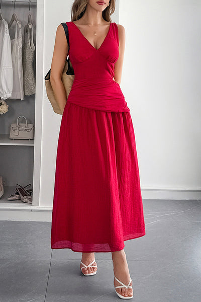 Solid Color V-neck Sleeveless Waist Hollow Out Maxi Dress