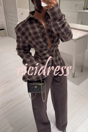 Vintage Plaid Shoulder Pad Buttons Long Sleeve Angled Hem Shirt